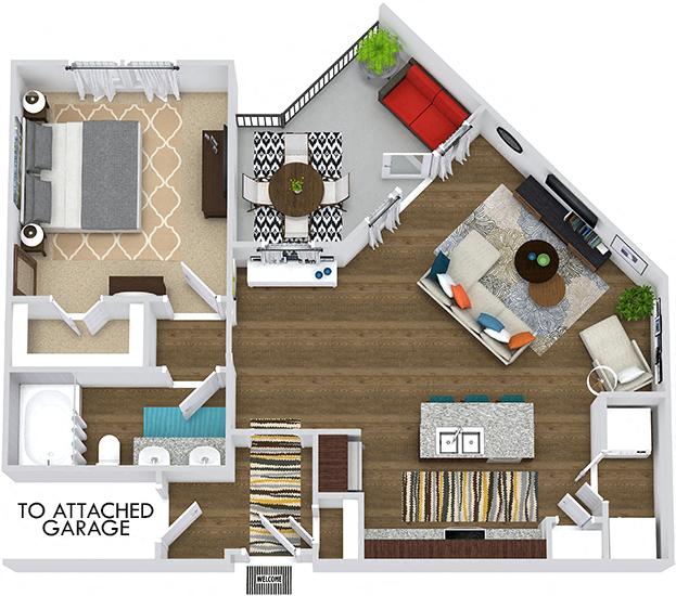 Floor plan for 1 bed, 1 bath, 848 sqft